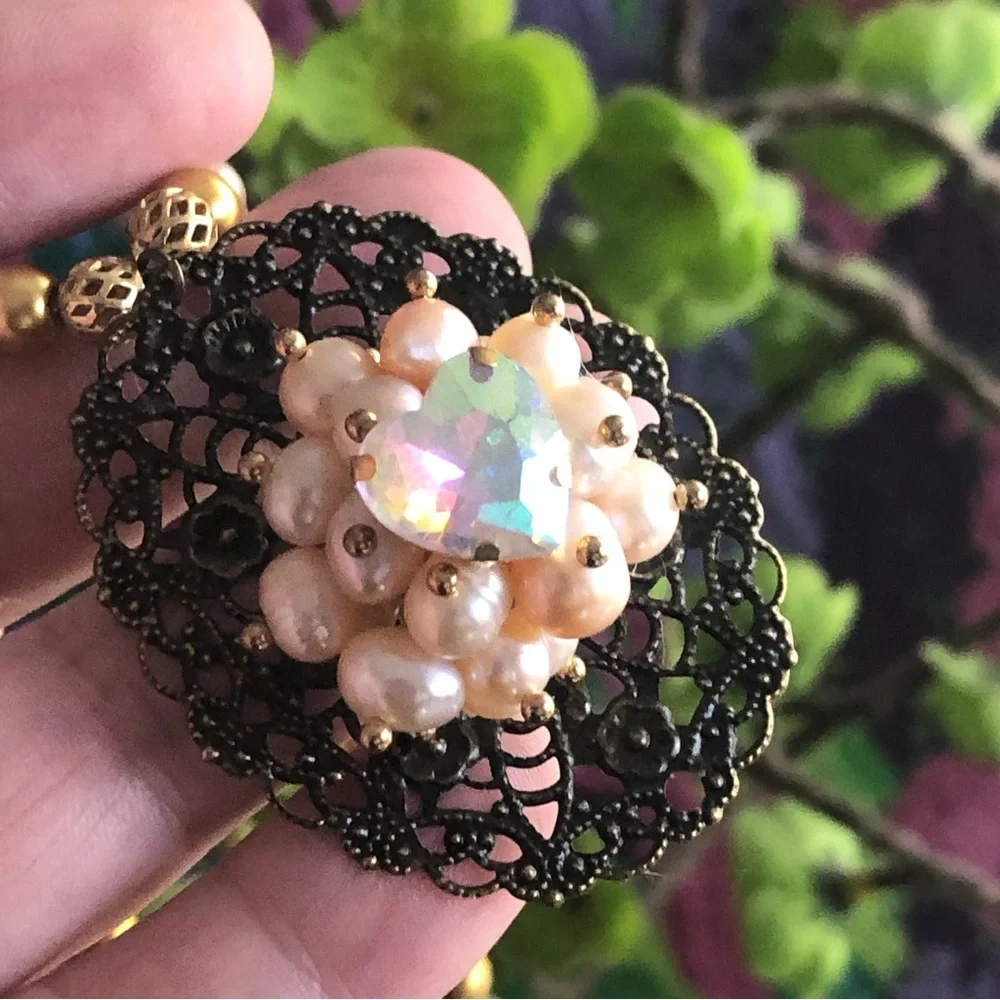 Handcrafted repurpose pearl cluster filigree pendant Czech glass Pearl necklace